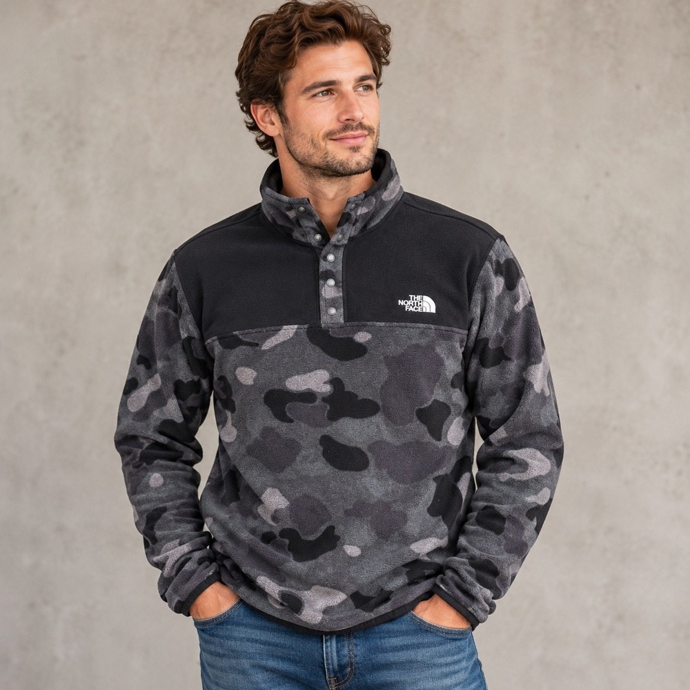The North Face TKA Glacier Pullover Mens L Gray Camo Snap Fleece NF0A4AJD